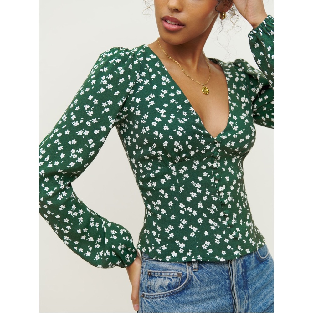 Reformation Nell Floral Puff Sleeve Green Floral Top Small